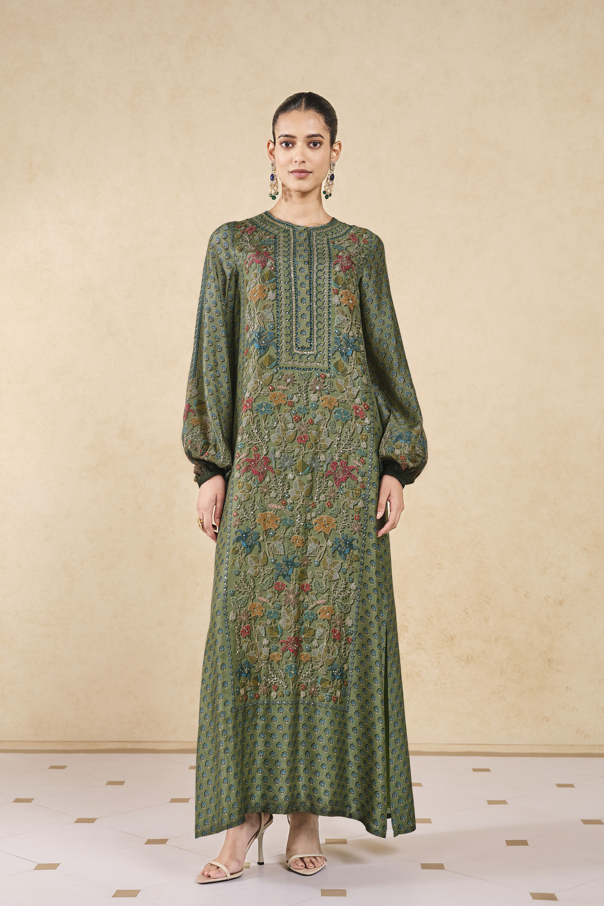 Eman Printed Silk Kaftan - Sage, Sage, image 1